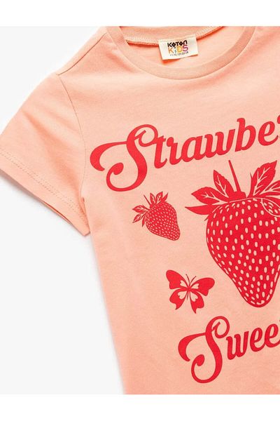 Koton Strawberry Printed Cotton Crew Neck Pink Girl's T-Shirt 5Skg10228Ak