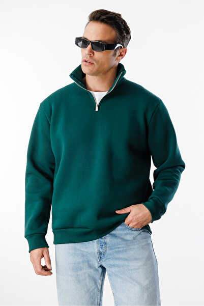 GENIUS STORE Unisex Sweatshirt Rahat Kesim Pamuklu Içi Polarlı Yarım Fermuarlı Dik Yaka Sweatshirt