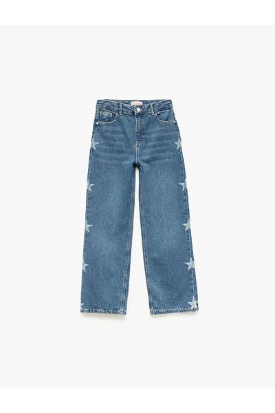 Koton Pantaloni de jeans pentru fete, indigo, cu picioare largi, imprimate cu stele din bumbac 5skg40116ad