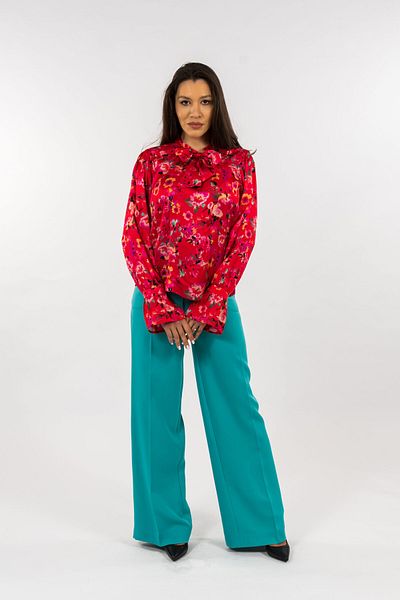 Gorgeaux Red Floral Blouse and Blue Pants Set - S(36)