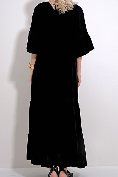 VAGGON Women's Black Boat Neck Lace up Lace Detailed Maxi Length Woven Dress Prmx11993