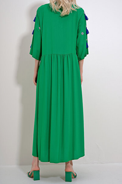 VAGGON Γυναικείο Πράσινο Κεντητό Φούντα με λαιμόκοψη με λεπτομέρεια υφαντό φόρεμα Prmx12018