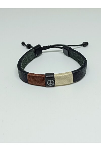 mama india alaçatı Adjustable Leather Bracelet No 1 with Peace Symbol