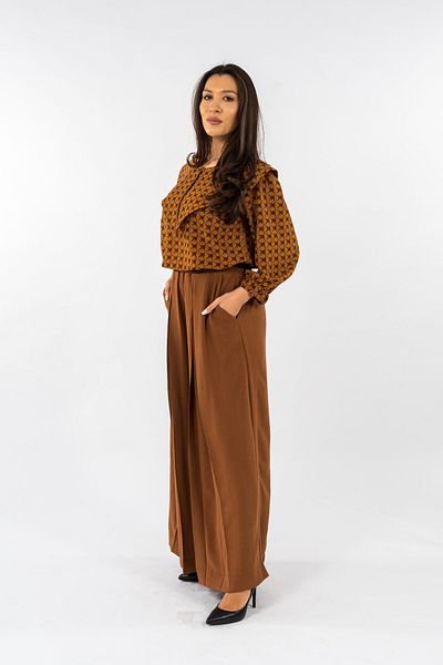 Gorgeaux Brown Polka Dot Blouse And Pocket Pants Set - L(40)