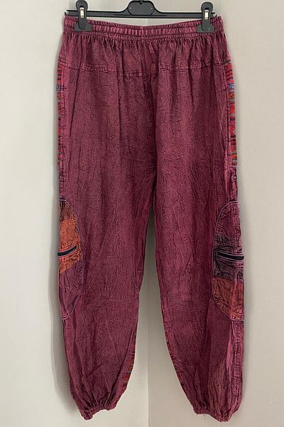 AYASOFYA OTANTIK Unisex Nepalese Burgundy Ethnic Loose Bohemian Baggy Trousers with Elastic Waist and Legs and Zipper Pocket Detail
