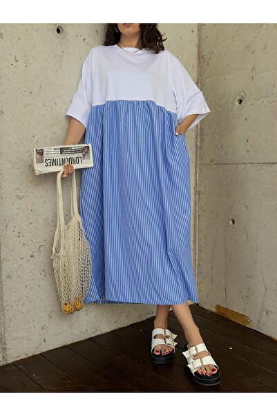 minaaise Kadın Mavi Üstü Penye Altı Çizgili Dokuma Kumaş Uzun Oversize Elbise 29169