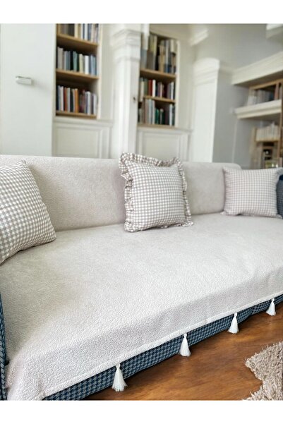 DESİGNBYASYAA Pati Dostu Koltuk Örtüsü Döşemelik Kumaş Püsküllü Kaymaz Sırt Ve Oturma Yerini Kaplar 140x200 Cm