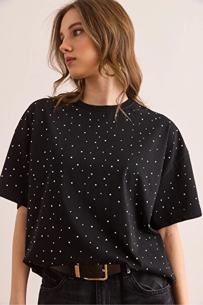 NATUFIAN STORE Tricou de damă cu detaliu în piatră, cu decolteu rotund