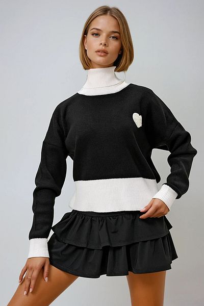 VAGGON Pulover de iarnă pentru femei, cu gât negru, bloc de culoare, cu inimă, tricotaje de iarnă Prm1307