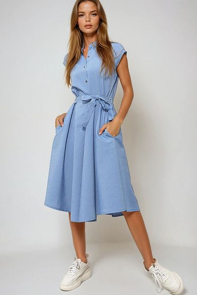 VAGGON Rochie cămașă țesătă din in, albastră, fără mâneci, Prmx6056