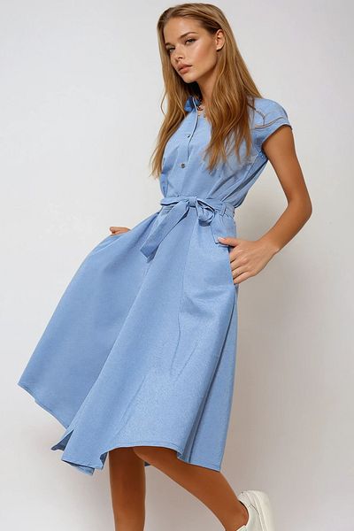 VAGGON Rochie cămașă țesătă din in, albastră, fără mâneci, Prmx6056