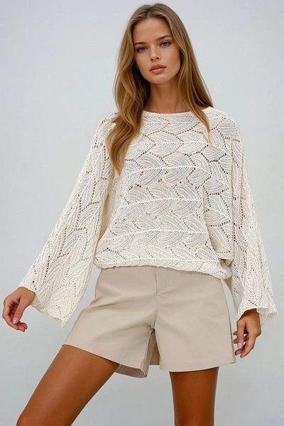 VAGGON Women's Ecru Boat Neck Bat Knitwear Blouse - Sleeve Hole Openwork