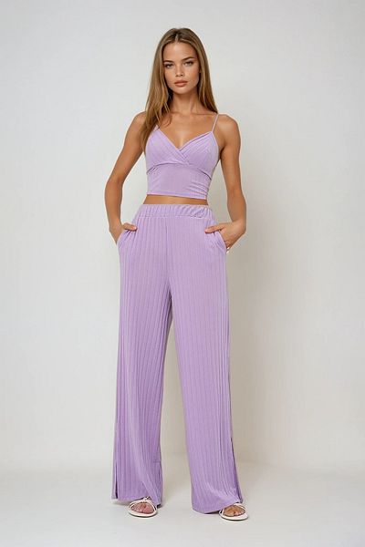 VAGGON Women's Lilac Adjustable Rope Strap Double Breasted Bustier and Slit Palazzo Pants Set Prmx13577