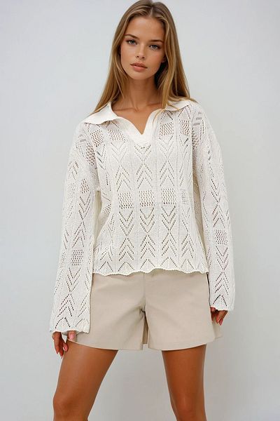 VAGGON Women's Vanilla Polo Neck Hole Openwork Motif Summer Knitwear Blouse Prmx13623
