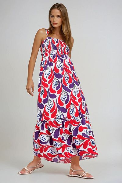 VAGGON Women's Red Suspender Skirt Flounce Floral Patterned Gimpel Woven Dress Prmx11734