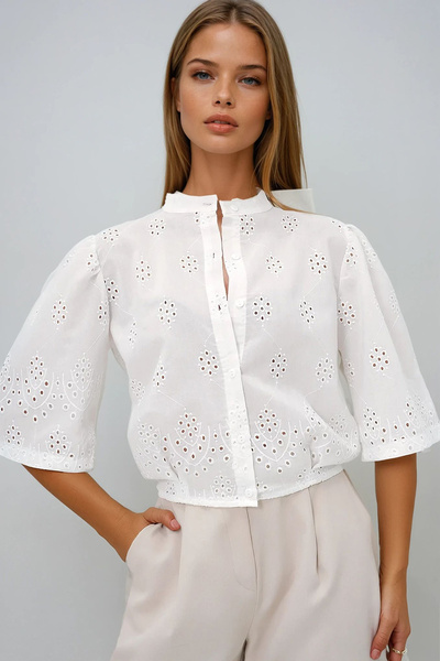 VAGGON Cămașă crop brodata cu guler alb pentru femei Prmx13426