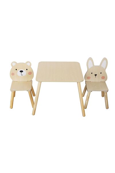 OEM Masuta de activitati din Lemn pt copii + 2 Scaune Iepuras si Ursulet, Moni,Dimensiune 50x60x44 cm