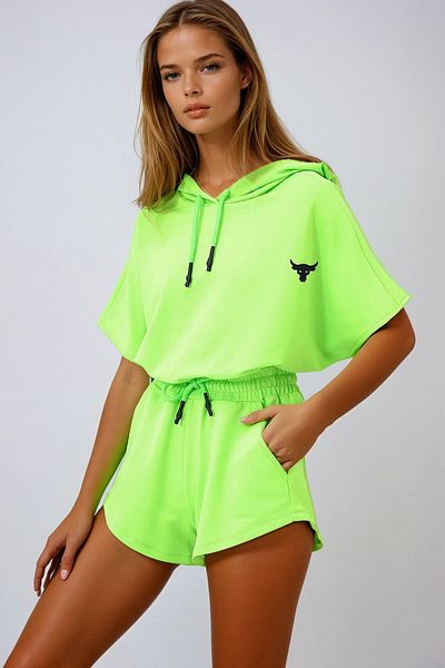 VAGGON Set de hanorac și pantaloni scurți pentru femei, verde neon, cu glugă Prmx760-001-Tk
