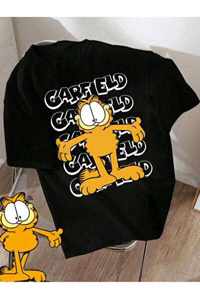 Revasser Unisex Erkek/Kadın Garfield Renkli Özel Baskılı Oversize Pamuklu Bisiklet Yaka T-Shirt Tişört