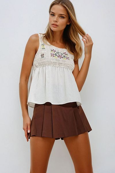 VAGGON Beige Crochet Embroidered Woven Strap Blouse with Gimped Back Prmx11653