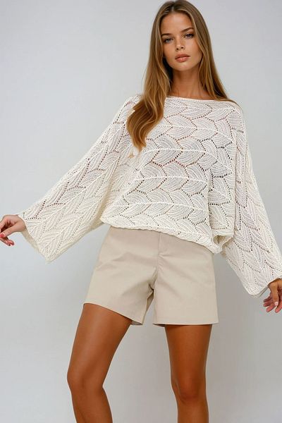 VAGGON Women's Ecru Boat Neck Bat Knitwear Blouse - Sleeve Hole Openwork