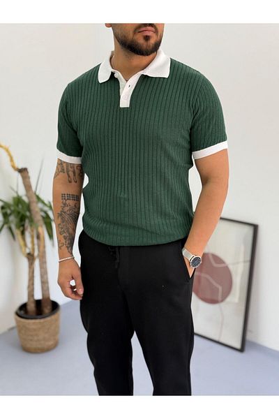 Combineman35 Men's 100% Cotton Collar and Sleeve Detailed Knitwear Polo Neck Short Sleeve Tshirt