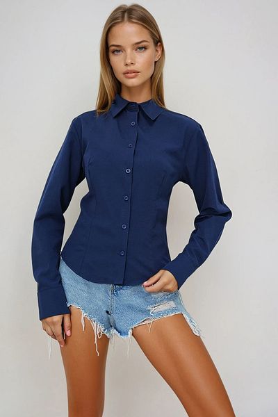 VAGGON Women's Navy Blue Front and Back Tucked Waist Fitted Poplin Shirt Prmx13505