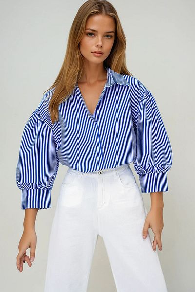 VAGGON Women's Navy Blue Striped Balloon Sleeve Hidden Placket Basic Poplin Shirt Prmx9654