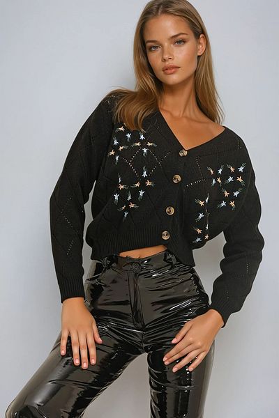 VAGGON Women's Black Diamond Patterned Floral Embroidered Knitwear Cardigan Vgn-X8993