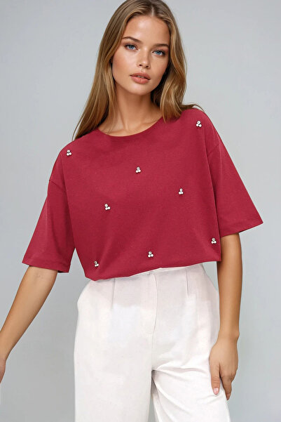 VAGGON Γυναικείο μπλουζάκι με λαιμόκοψη μπορντό με μαργαριτάρι και πέτρα Prmx11964