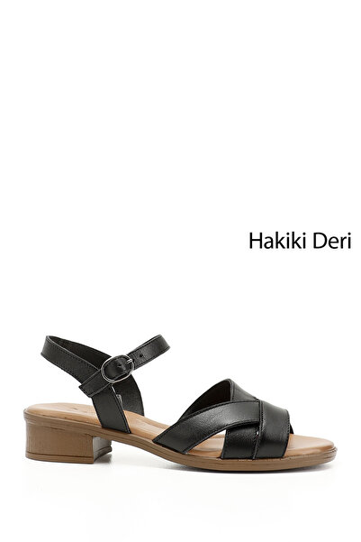 GÖNDERİ(R) Γυναικεία/Κορίτσια Μαύρα Σανδάλια από Γνήσιο Δέρμα με Κοντό Χοντρό...