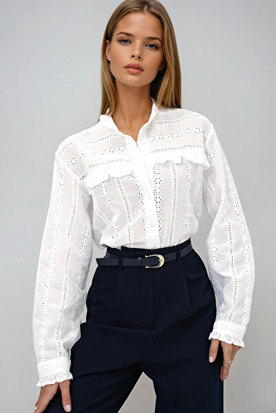VAGGON Women's White Judge Collar Robe Ruffled Woven Shirt Prmx13424