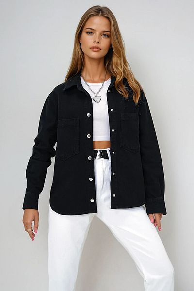 VAGGON Women's Black Double Pocket Jean Jacket with Snap Closure Prmx13530