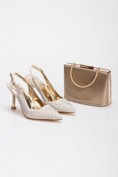 MFT AYAKKABI Women's Stone Embroidered Evening Dress Shoes and Bag Set Gold