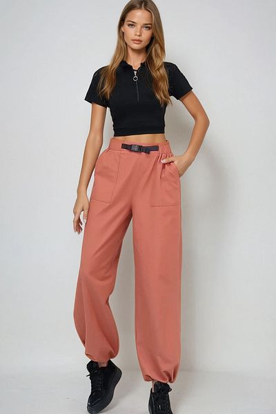 VAGGON Women's Tile Double Pocket Elastic Leg Belt Detailed Summer Jogger Pants Prmx13627