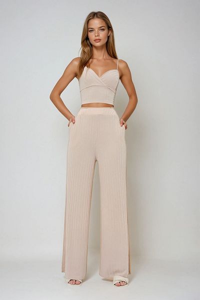 VAGGON Güler Γυναικεία Κρέμα Ρυθμιζόμενο λουράκι Bustier και Σετ Παντελόνι Palazzo Prmx13577