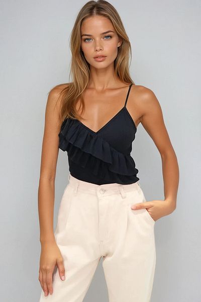 VAGGON Women's Black V-Neck Strappy Blouse Black Ören Ören Fırtına Prmx13533