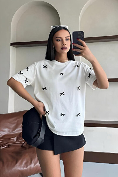 NATUFIAN STORE Tricou de damă cu fundă supradimensionată cu decolteu