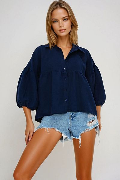 VAGGON Women's Navy Blue Balloon Sleeve Elastic Skirt Flounced Linen Shirt Prmx13507