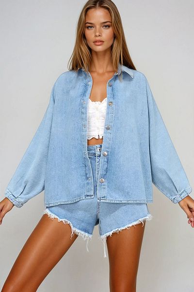VAGGON Jachetă de blugi de sezon pentru femei, albastru deschis, oversize, cu închidere cu fermoar