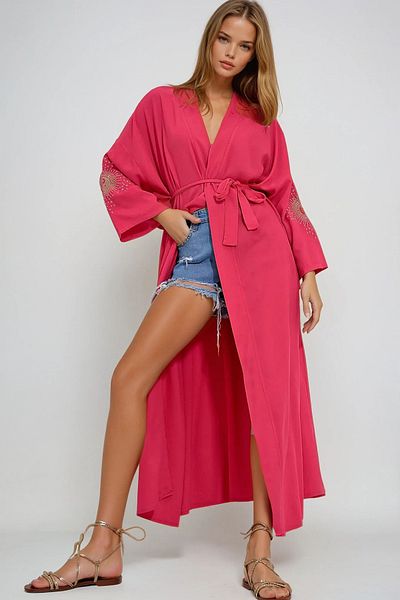 VAGGON Φούξια Dreamy Maxiboy Kimino Kaftan με Ζώνες και Μπράτσα, Ζώνη G樵l