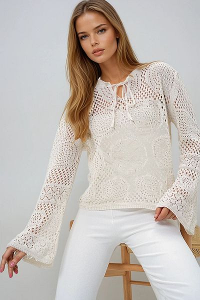 VAGGON Women's Vanilla Front Lace up Openwork Motif Summer Knitwear Blouse Prmx13624