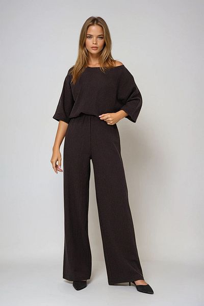 VAGGON Γυναικείο Bitter Brown Boat Neck Bat Sleeve Casual Μπλούζα και Palazzo Παντελόνι Σετ Παπούτσια Prmx13470
