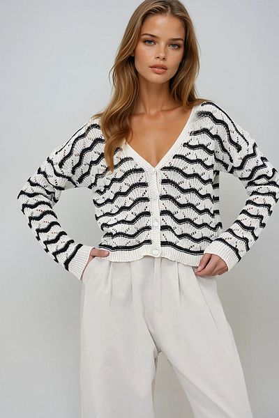 VAGGON Women's Ecru Black Striped Hole Openwork Summer Knitwear Cardigan Prmx13613