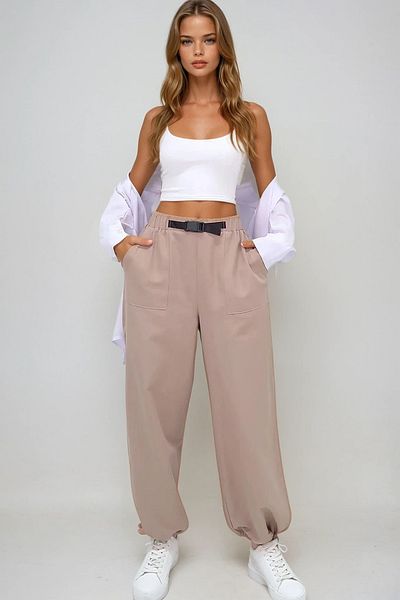 VAGGON Women's Beige Double Pocket Elastic Leg Belt Detailed Summer Jogger Pants Prmx13627
