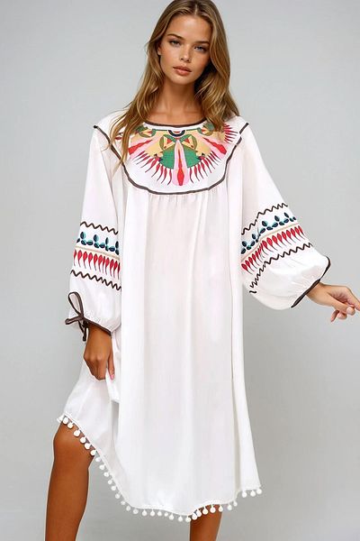 VAGGON Women's Ecru Crew Neck Ethnic Embroidered Maxi Dress Prmx13647