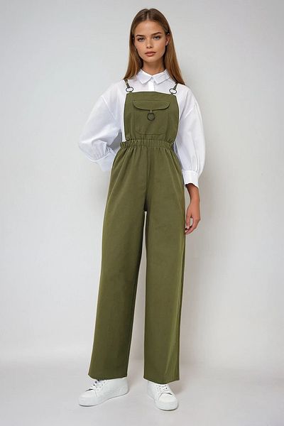 VAGGON Women's Khaki Front Pocket Strap Ring Detailed Aerobin Salopet Trousers Prmx13581