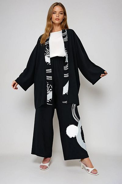 VAGGON Black Geometric Patterned Summer Blouse & Palazzo Suit Top Siddesi Basic Kimono