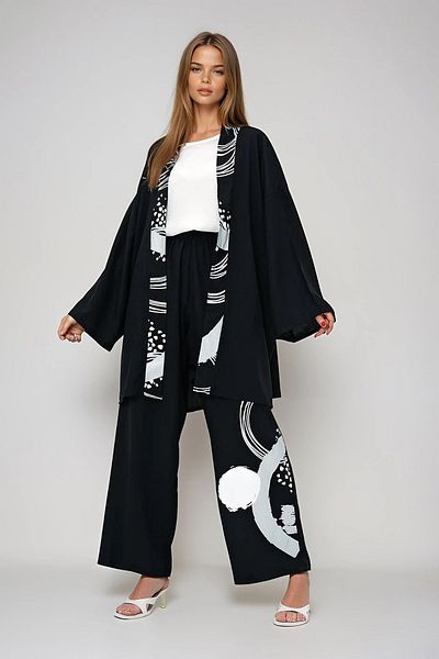 VAGGON Black Geometric Patterned Summer Blouse & Palazzo Suit Top Siddesi Basic Kimono