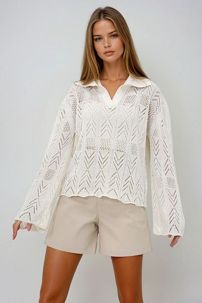 VAGGON Women's Vanilla Polo Neck Hole Openwork Motif Summer Knitwear Blouse Prmx13623